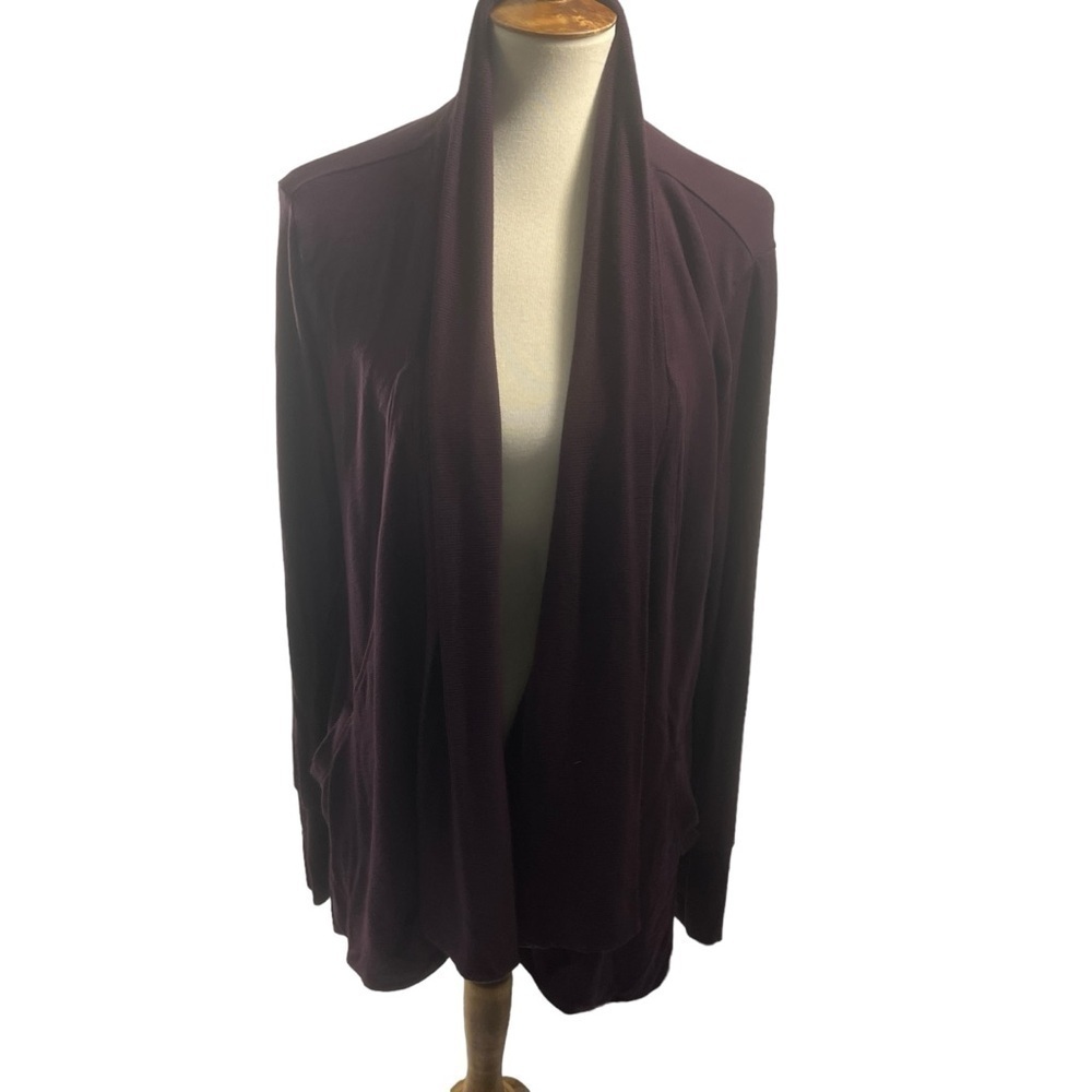 Athleta Open Front Cardigan Sweater Rib Knit Trim Side Pockets Burgundy M
